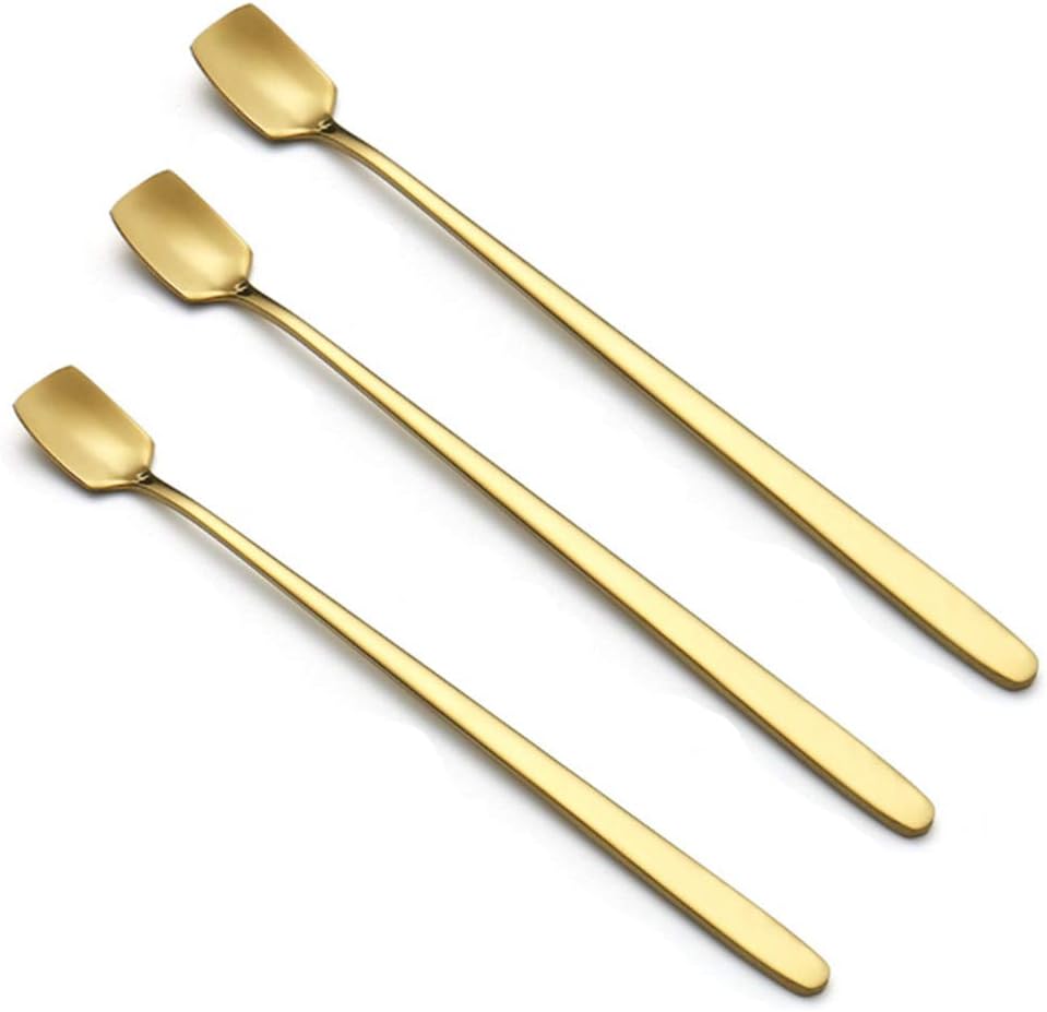 NUOMI 6 cucharas de mezcla de mango largo de acero inoxidable, cabeza cuadrada, para café, té, postre, cóctel, cocina, 13156.7 in, dorado
