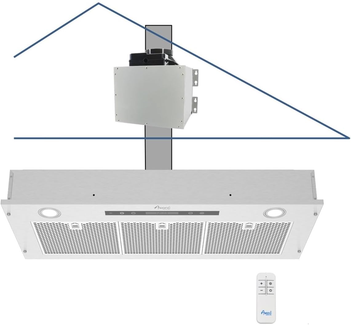 Awoco Campana extractora de acero inoxidable súper silenciosa de 14-12 pulgadas de profundidad, 4 velocidades, 800 CFM, luces LED, filtros de malla