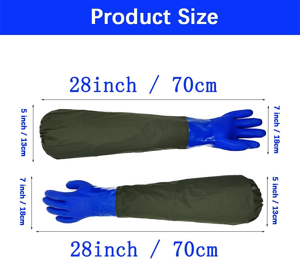 Guantes largos de goma impermeables, guantes de estanque, 28 pulgadas de longitud de hombro aislados de PVC resistentes a los productos químicos,