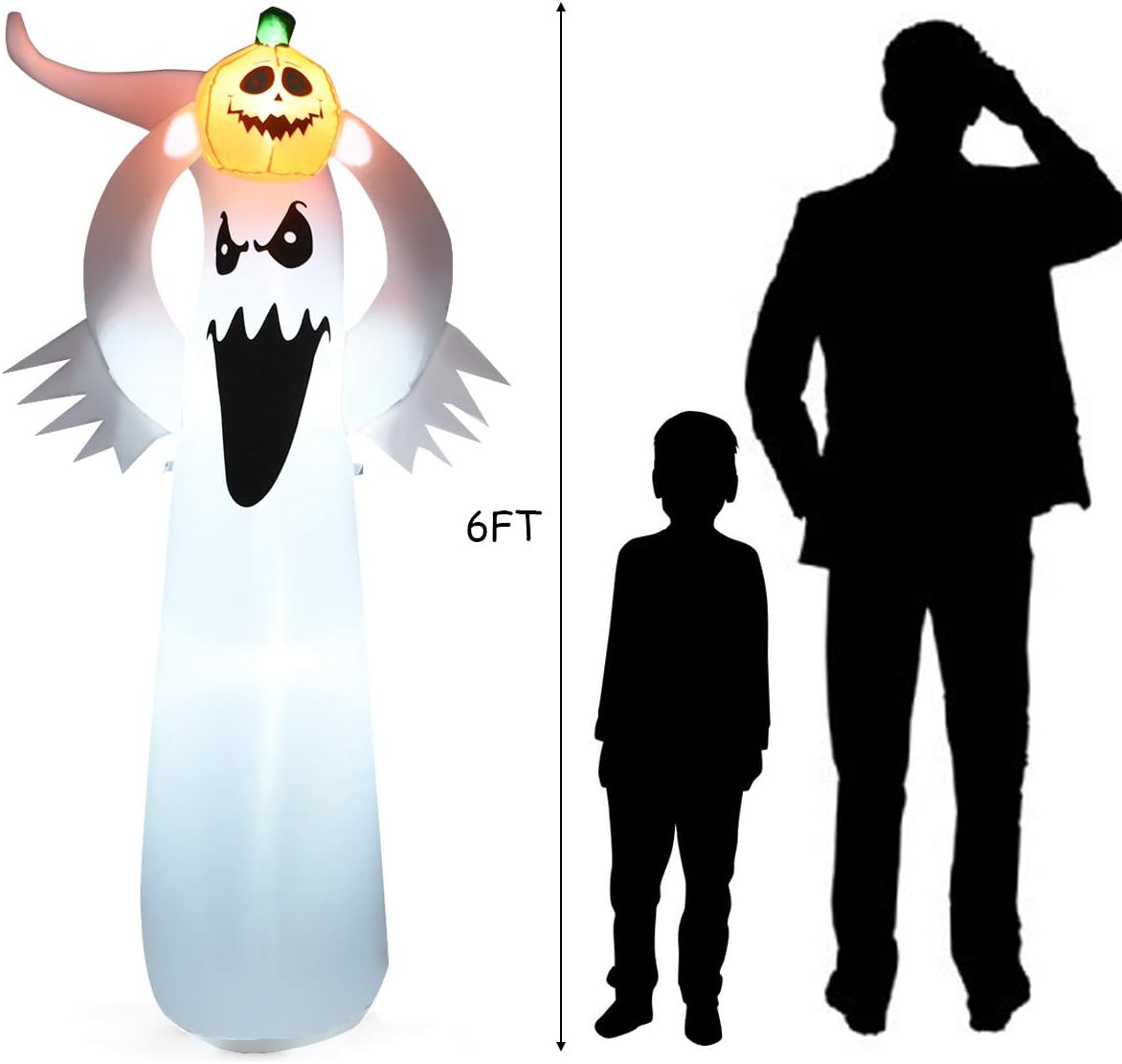 Tangkula Fantasma inflable de Halloween de 6 pies con calabaza, fantasma inflable con soplador y luces LED, decoraciones de Halloween fantasma