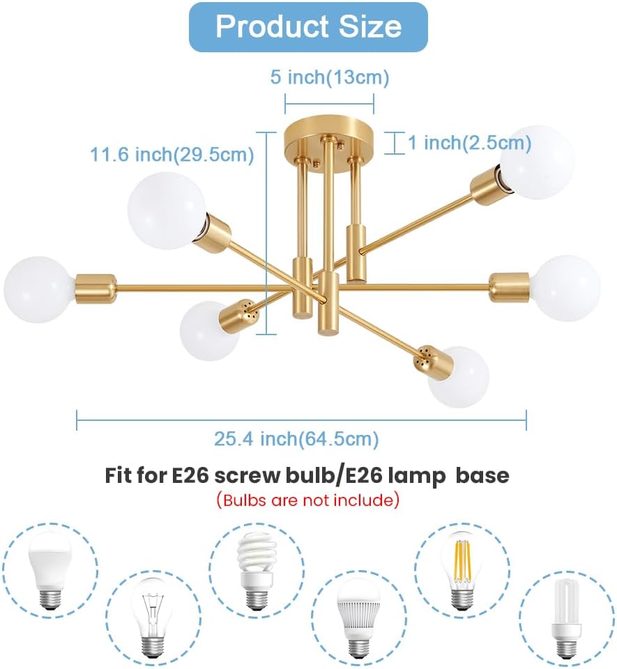 Biewalk Lámpara de araña Sputnik moderna, lámpara de techo de 6 luces de mediados de siglo, lámpara Sputnik para dormitorio, comedor, cocina,