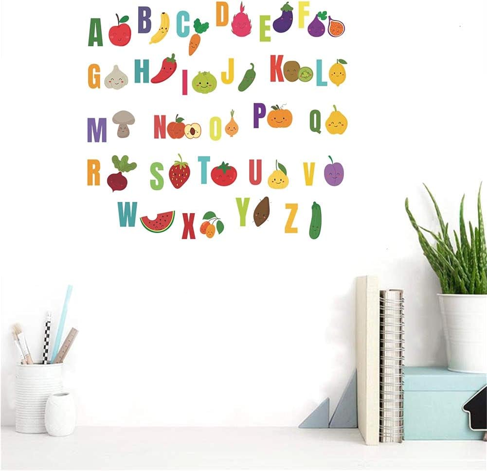 BIBITIME Calcomanías del alfabeto educativo para bricolaje, frutas, manzana, plátano, zanahoria, A, B, C, Z, letras para escuela, guardería,
