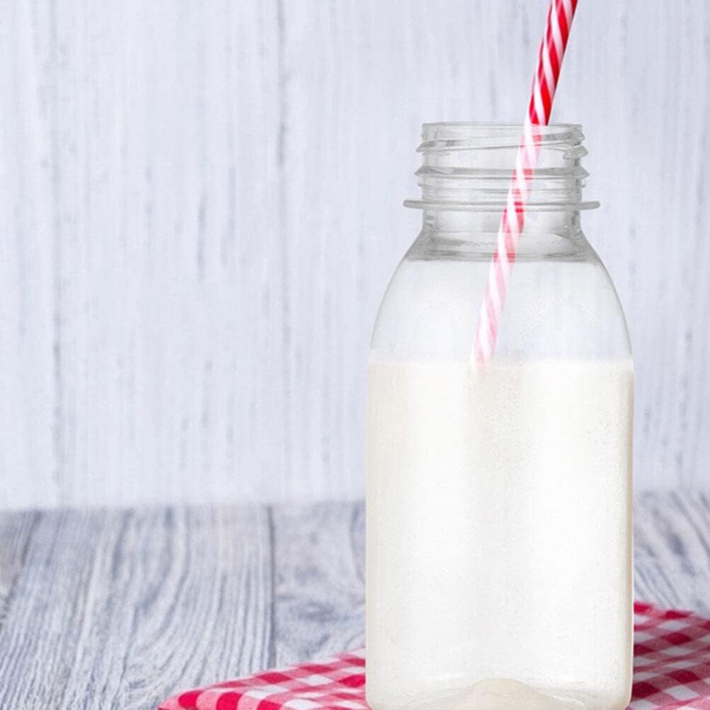 Kichvoe Botellas de leche vacías botellas de jugo con tapas blancas para exprimir, 6 unidades de 3.4 fl oz, botellas vacías transparentes