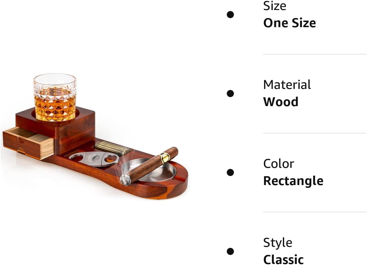 Cenicero de puros, bandeja de vidrio para whisky y soporte para puros, bandeja de cenizas con cortador de puros, incluye cajón y ranura para puros,