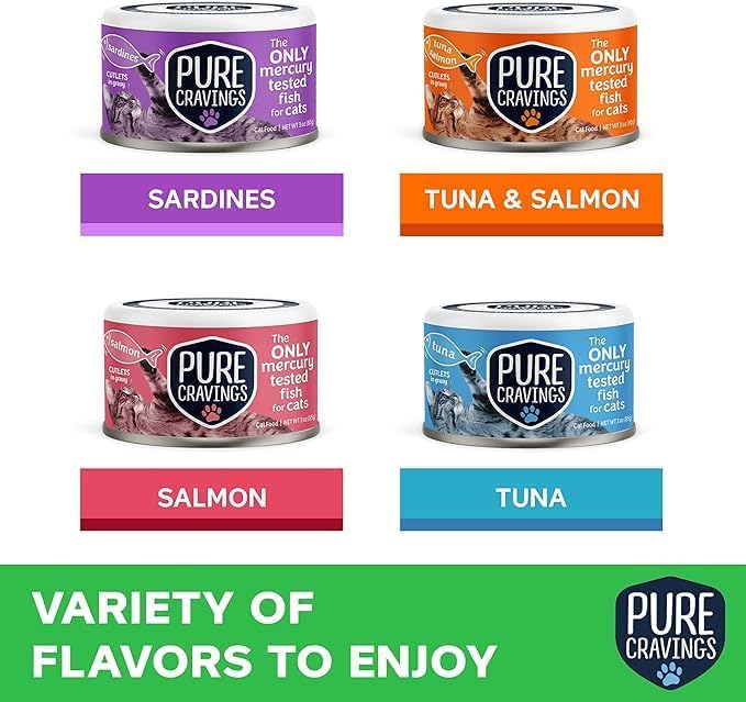 Pure Cravings Paquete variado de alimentos húmedos para gatos, atún, salmón, sardinas, atúnsalmón en salsa, 100% probado con mercurio, lata húmeda