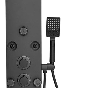 BWE Panel de ducha tipo cascada con ducha de mano, color negro mate 6 en 1, sistema de panel de ducha de acero inoxidable, chorros corporales de BWE Panel de ducha tipo cascada con ducha de mano, color negro mate 6 en 1, sistema de panel de ducha de acero inoxidable, chorros corporales de