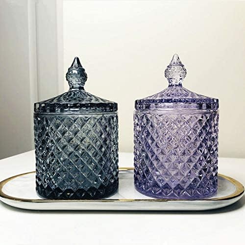 Sizikato Tarro de caramelo de cristal facetado de diamante con tapa, tarro decorativo colorido, joyero, soporte de almacenamiento de hisopos de