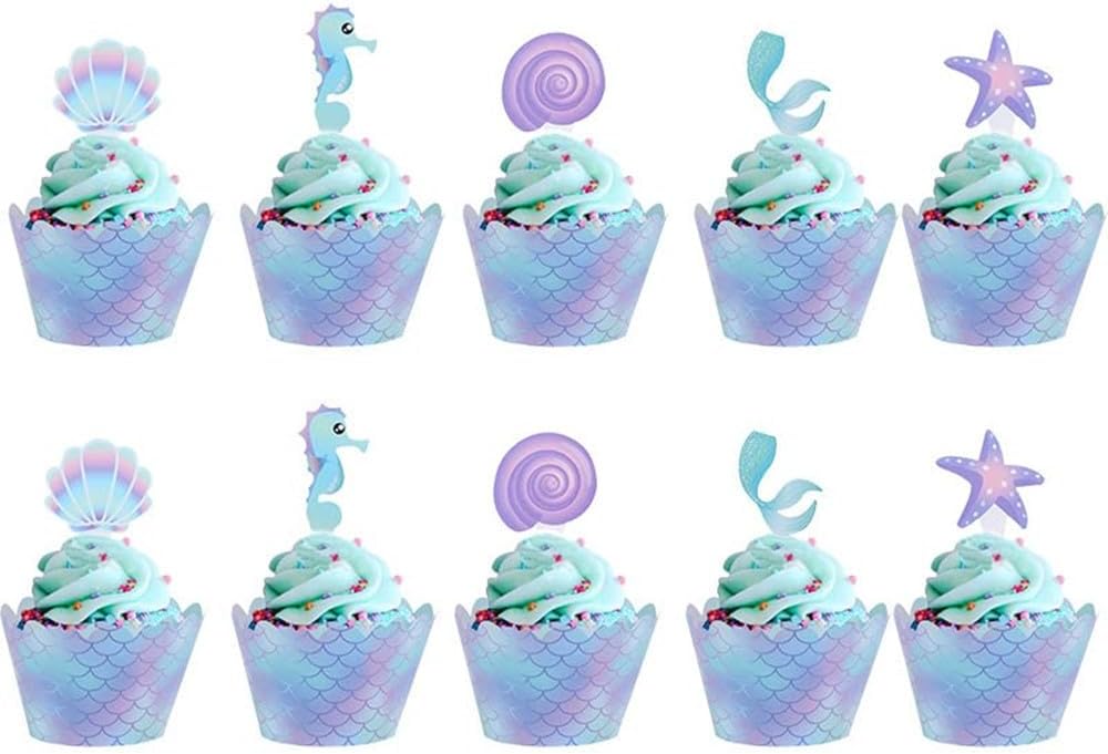 40 adornos y envoltorios para cupcakes de doble cara de sirena, decoración temática de sirenita para baby shower, bajo el mar, fiesta de cumpleaños