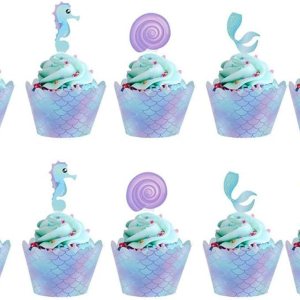40 adornos y envoltorios para cupcakes de doble cara de sirena, decoración temática de sirenita para baby shower, bajo el mar, fiesta de cumpleaños 40 adornos y envoltorios para cupcakes de doble cara de sirena, decoración temática de sirenita para baby shower, bajo el mar, fiesta de cumpleaños