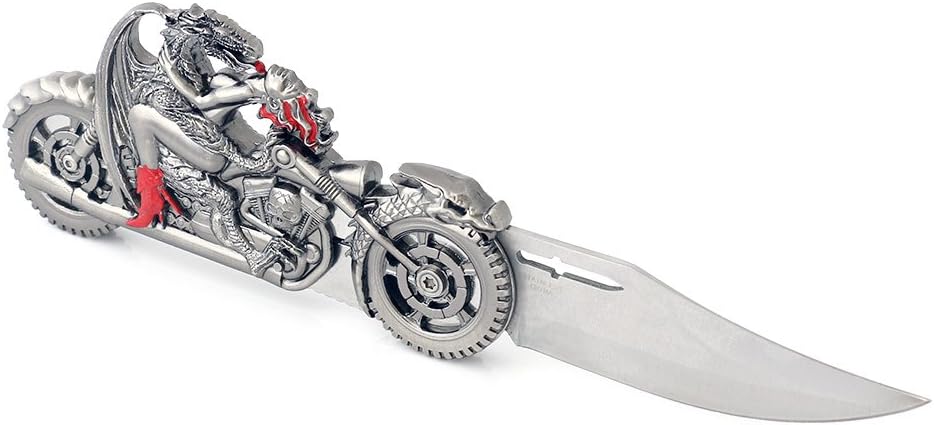 Dragon Riding with Naked Girl Chopper – Cuchillo plegable con mango de metal para motocicleta