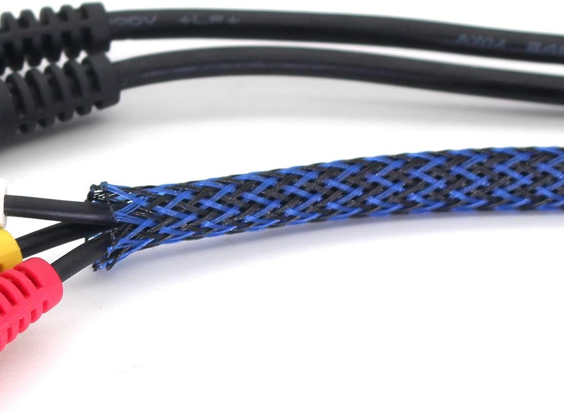 Protector de cable expandible de PET negro y azul para cable de carga USB, cable de alimentación, cable de audio y video, puede proteger al perro