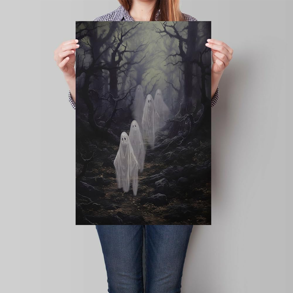 Lienzo vintage de Halloween, arte para pared, lindo fantasma en bosque de otoño embrujado, impresión gótica oscura, academia de Halloween,