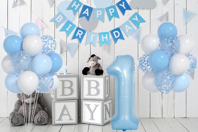Globos de color azul y blanco bebé y 1 globo de 40 pulgadas, decoraciones de primer cumpleaños para niño con globos de confeti azul y blanco,