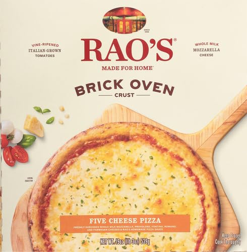Rao’s Pizza congelada hecha para el hogar, cinco queso, corteza de horno de ladrillo, hecha con mozzarella, provolone, fontina, parmesano y romano