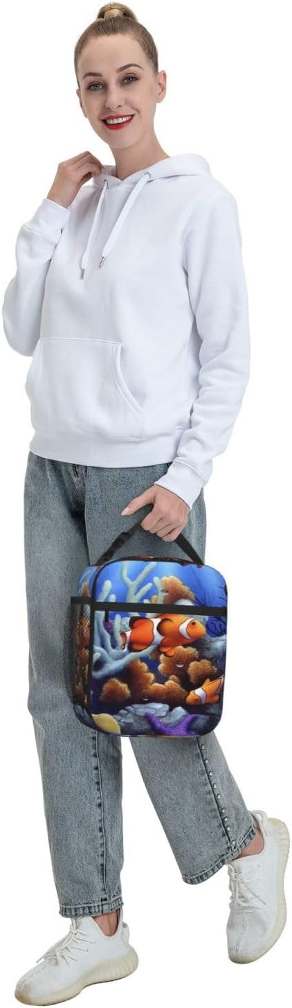 Lonchera con bolsillo lateral, bolsa suave aislada con diseño de peces payaso de dibujos animados, bolsa de almuerzo térmica para picnic de trabajo