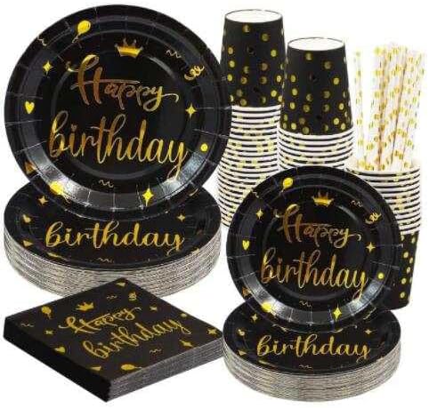 Juego de vajilla desechable de 40 piezas para fiesta de cumpleaños, platos, servilletas y tazas, sirve para 10 invitados (negro y dorado)
