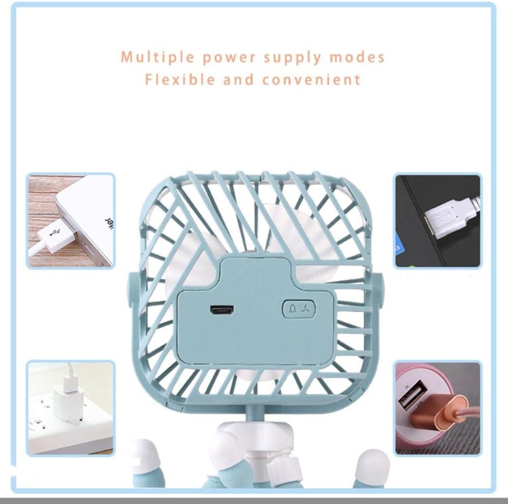 Mini ventilador portátil para cochecito de bebé, soporte en forma de pulpo, ajustable, portátil, carga USB, enfriador de aire, ventilador de viaje