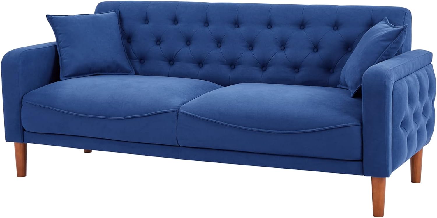 Aoowow Sofás y sofás de tela de lino de 78 pulgadas de largo, sofá moderno de mediados de siglo con 2 almohadas, reposabrazos y patas de madera para