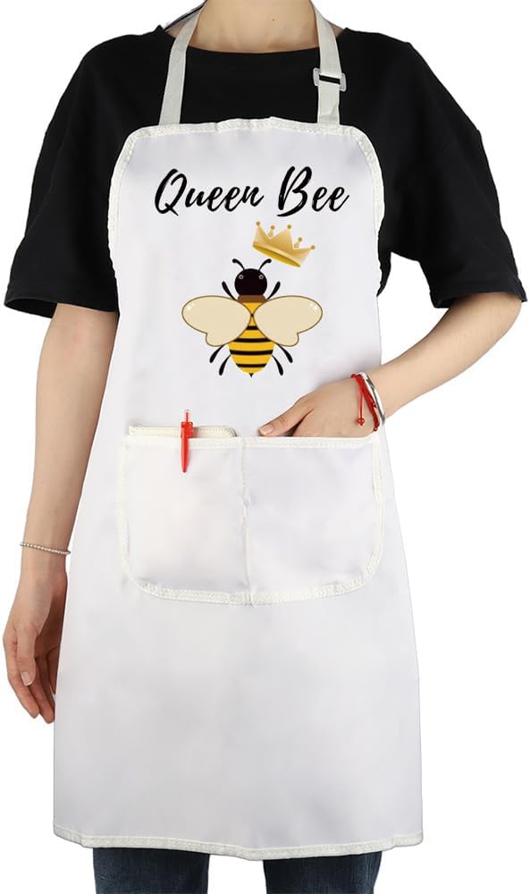 VAMSII Delantal de cocina Queen Bee Crown Honey Bee Lover Gifts for Beekeeper Kitchen Bib Delantal con bolsillos para mujer