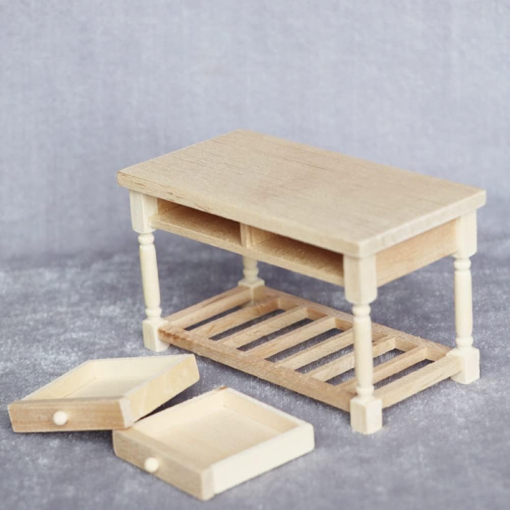 shlutesoy 112 casa de muñecas Mini mesa de comedor de 2 cajones modelo de muebles de cocina escena madera