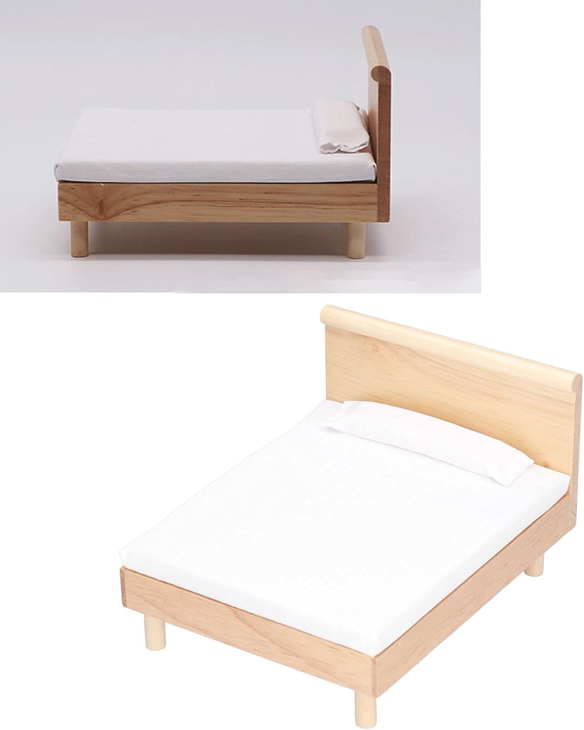 Cama doble para casa de muñecas, marco de madera, muebles en miniatura de roble, accesorios de decoración de casa de muñecas con almohada decorativa