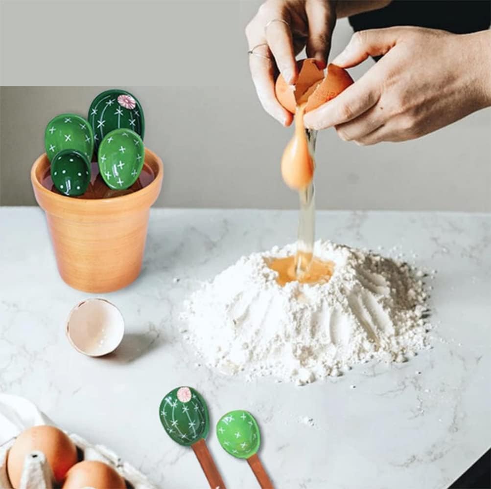 Juego de cucharas medidoras de cactus en maceta, juego de cucharas medidoras con base, cucharas medidoras de cactus de cerámica para hornear, sal,