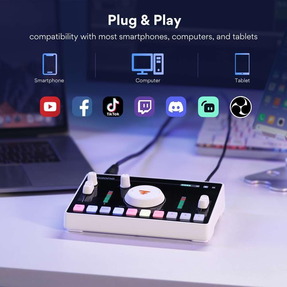 MAONO Mezclador de audio para transmisión, interfaz de audio con preamplificador profesional, Bluetooth, batería incorporada, cancelación de ruido,