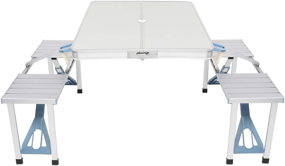 Mesa de picnic plegable portátil con asientos sillas y agujero para paraguas, mesa de aluminio ligera y compacta de aluminio para acampar al aire
