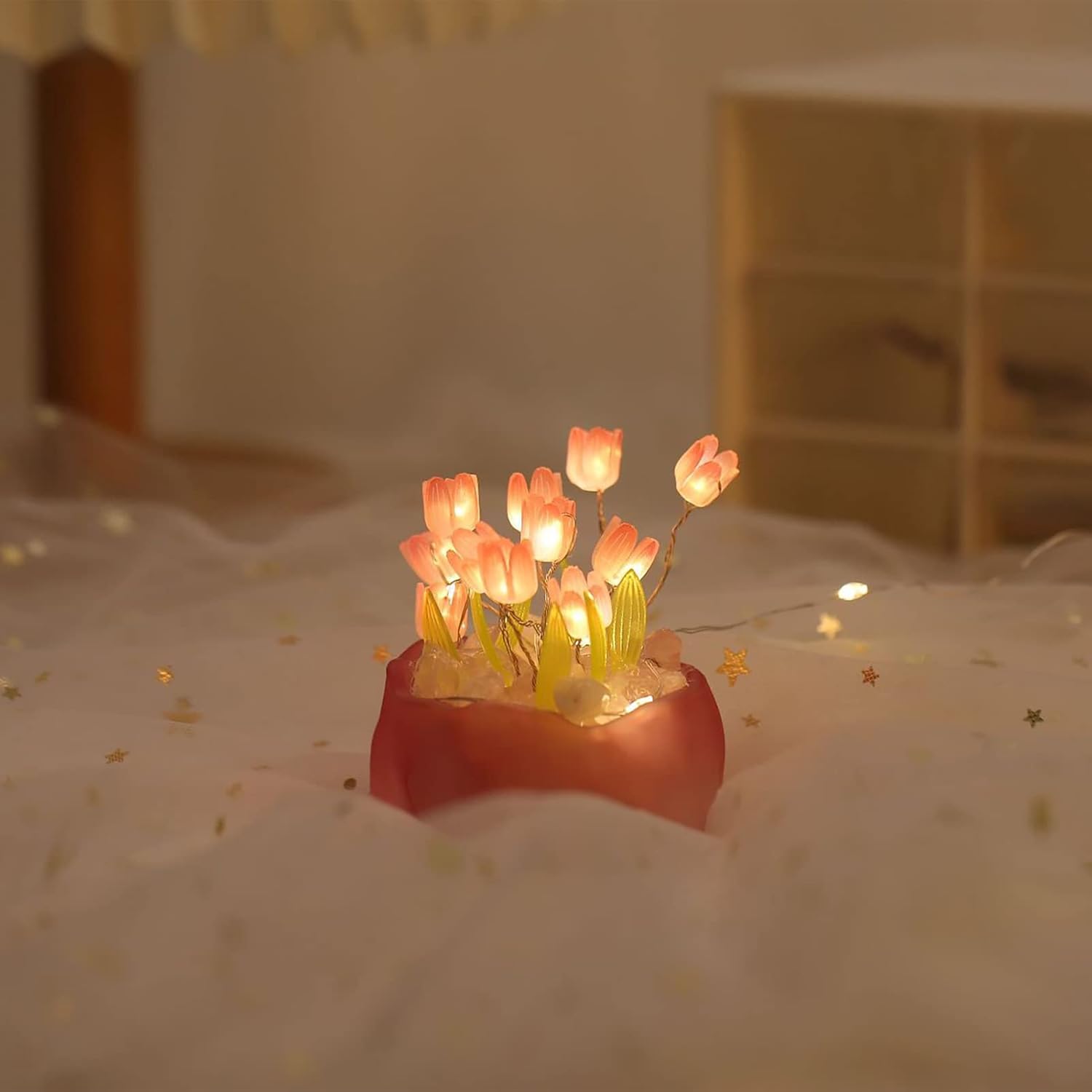 Luz nocturna de tulipán hecha a mano, bonita lámpara de mesa de flores de tulipán con maceta simulación para dormir, adornos para el hogar, sala de
