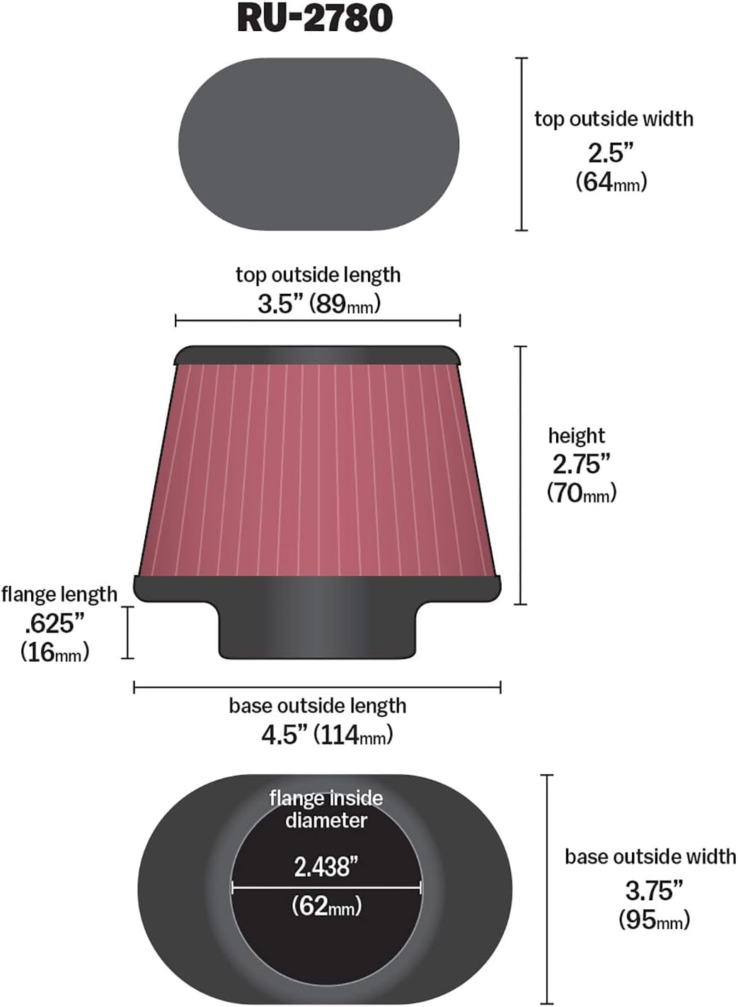 K&N Filtro de entrada de aire universal con abrazadera alto rendimiento, filtro de aire de repuesto premium Diámetro de la brida 2.4375 pulgadas,