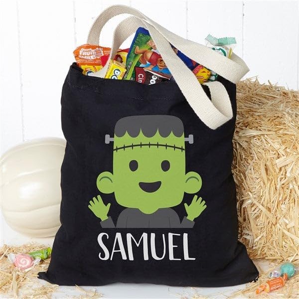 Personalization Universe Trick or Treat Frankie – Bolsa de mano para dulces de Halloween, 100% algodón, lavable a máquina, bolsa personalizada de
