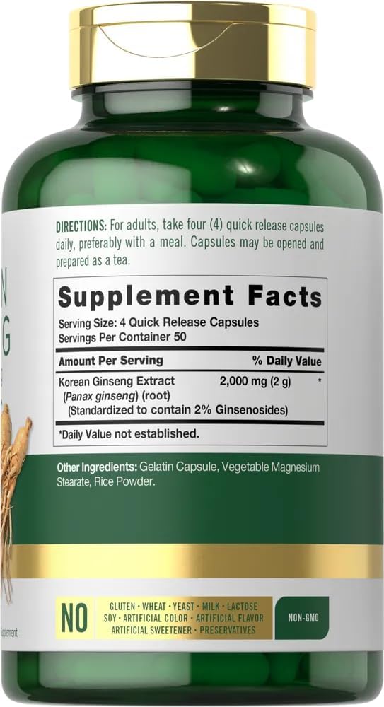 Carlyle Cápsulas de extracto de ginseng coreano de 2000 mg  200 cápsulas  Fórmula sin OMG y sin gluten  Suplemento estandarizado de Panax Ginseng
