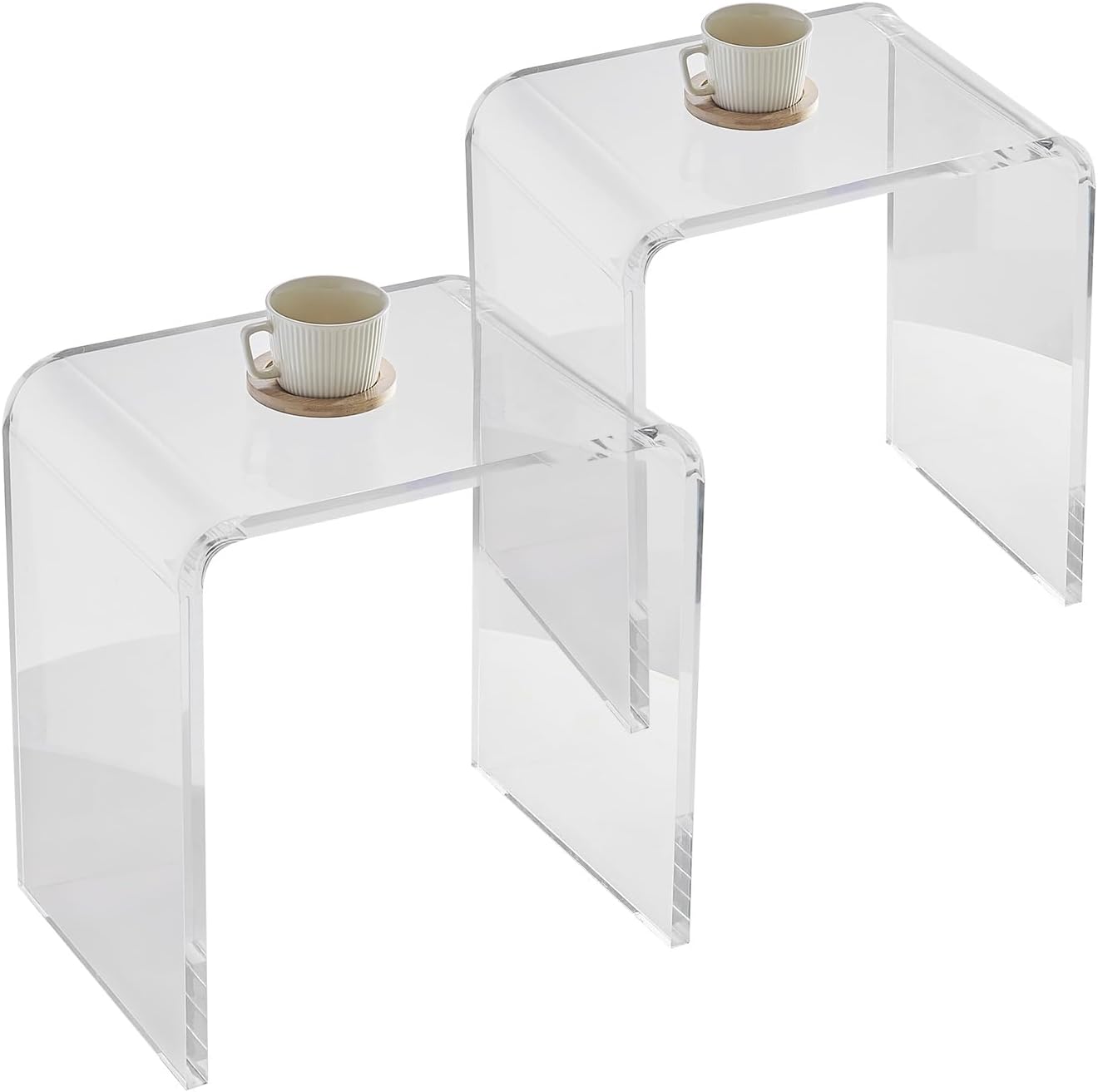 VEVOR Juego de 2 mesas auxiliares de acrílico, mesa auxiliar en forma de U, mesa auxiliar de acrílico transparente con bordes de cascada para
