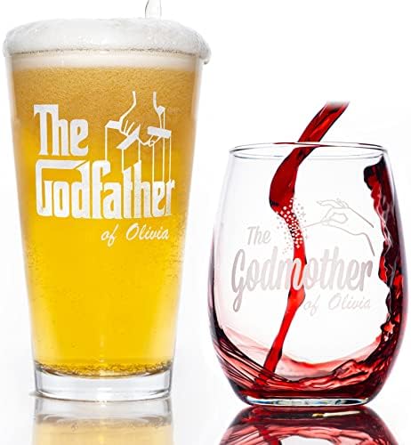 The Godfather Pint & Godmother – Juego de copas grabadas para vino sin tallo con tu texto personalizado, cristalería hecha a mano, regalo
