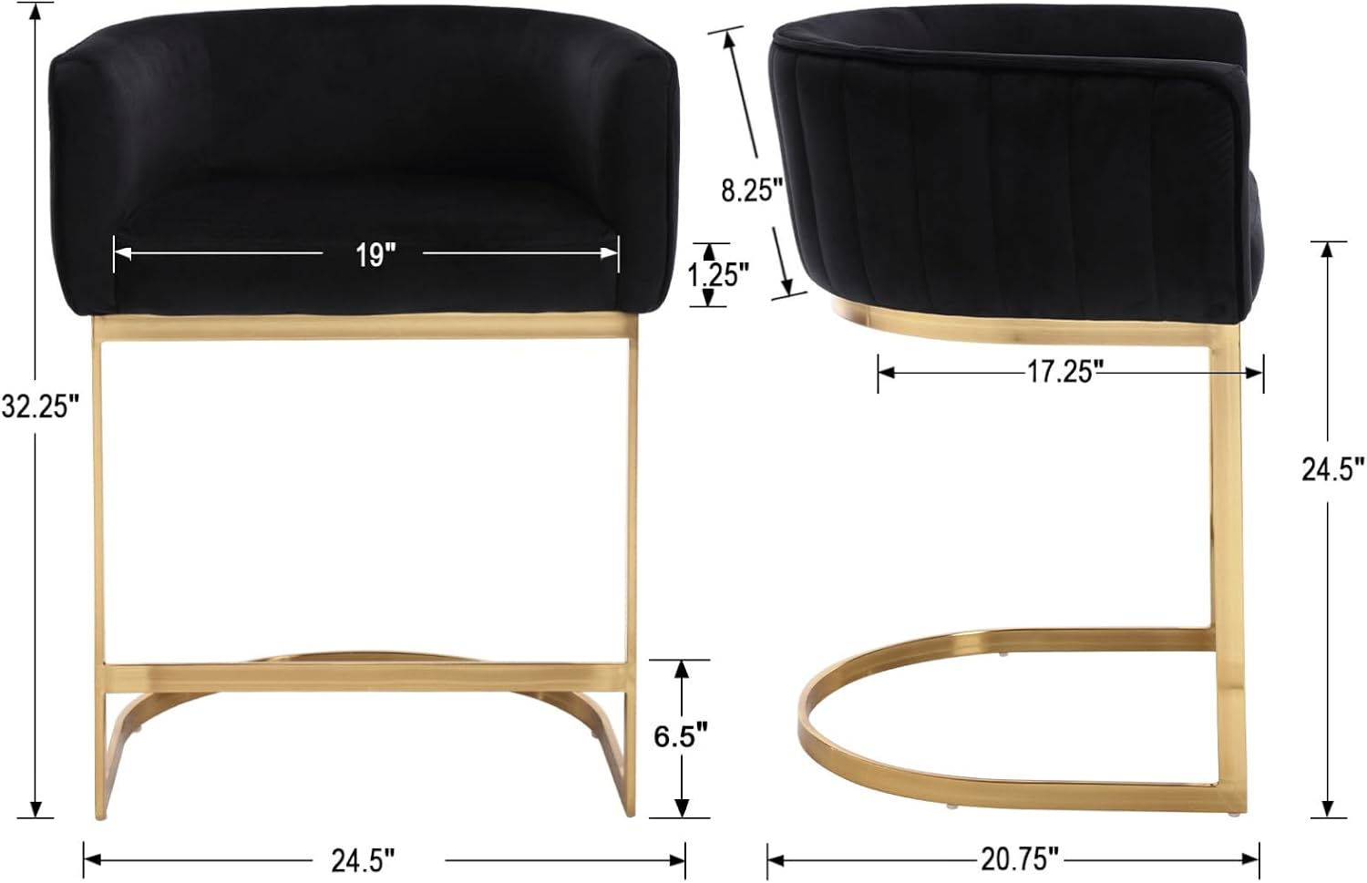 DM Furniture Taburetes de bar de 24 pulgadas de altura de mostrador para isla de cocina, moderna y cómoda, tapizada de terciopelo con brazo y patas