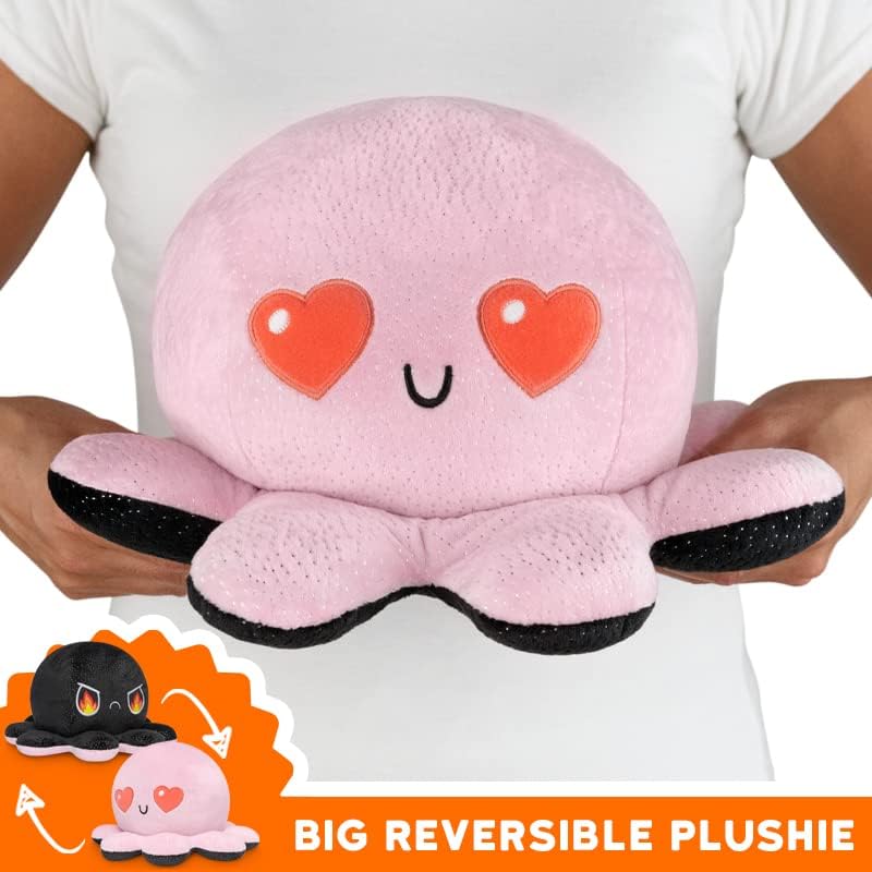 TeeTurtle – Peluche original reversible de pulpo grande – Ojos de corazón rosa + brillo negro – Juguete sensorial abrazable y suave que muestra tu