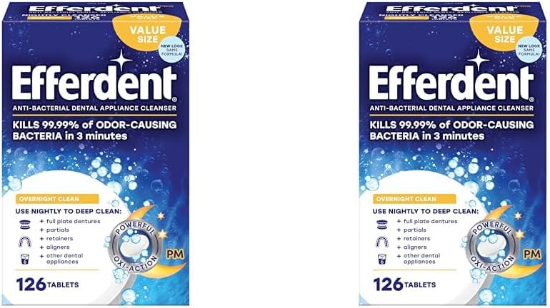 Efferdent Tabletas de limpieza retenedoras, pastillas limpiadoras de dentaduras para aparatos dentales, blanqueamiento nocturno, 126 tabletas azul