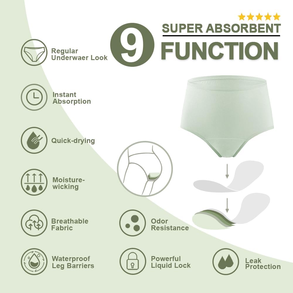 Ropa interior para incontinencia para mujer, lavable, a prueba de fugas, ropa interior de algodón de cintura alta de 1.7 fl oz para fugas de vejiga