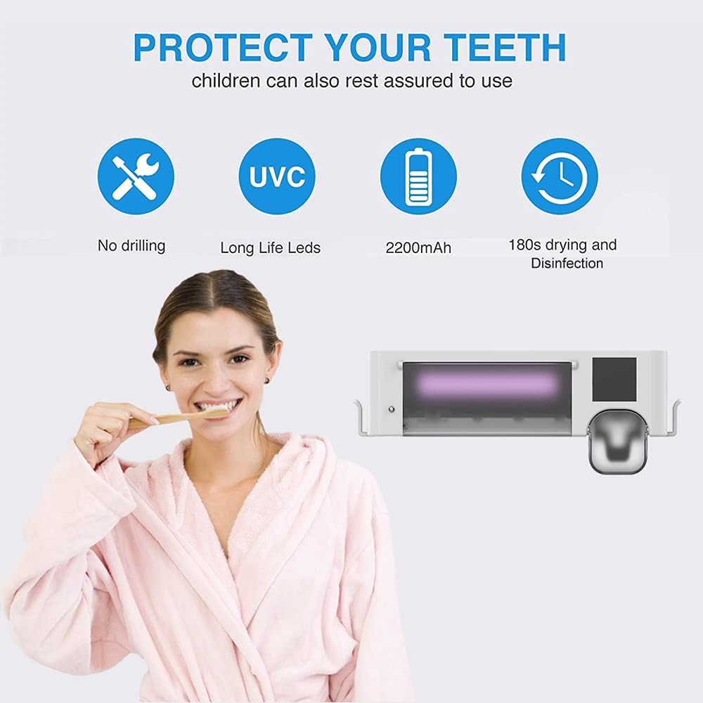 Soporte para cepillos de dientes con 4 ranuras con tapa, función de limpieza de estante para cepillos de dientes montado en la pared, organizador de