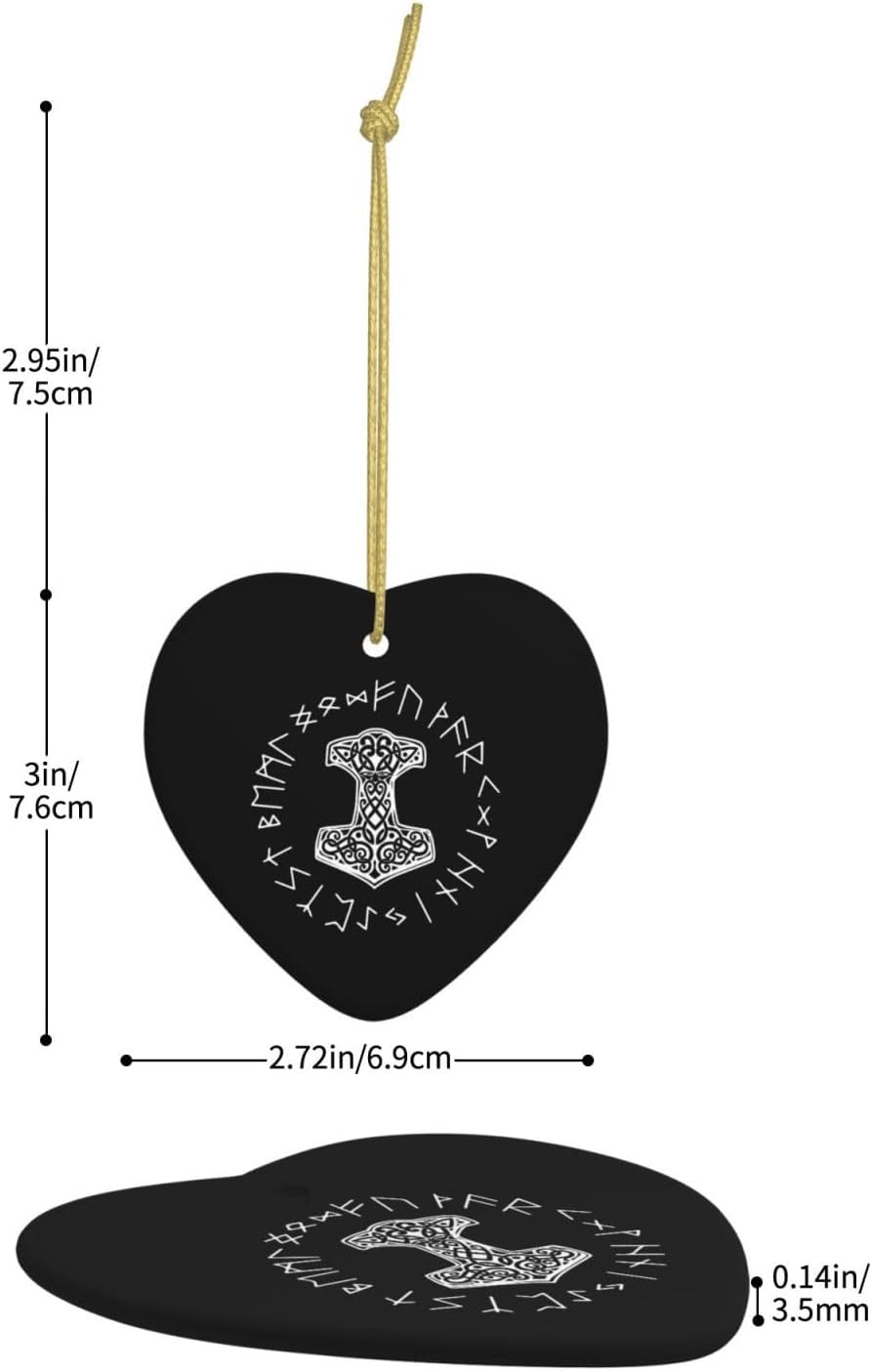 Vikings Mjolnir and Rune Wheel Norse Mythology Symbol Christmas Ornaments, Ceremic Ornaments Heart Shaped Porcelain Ornament Christmas Tree Home