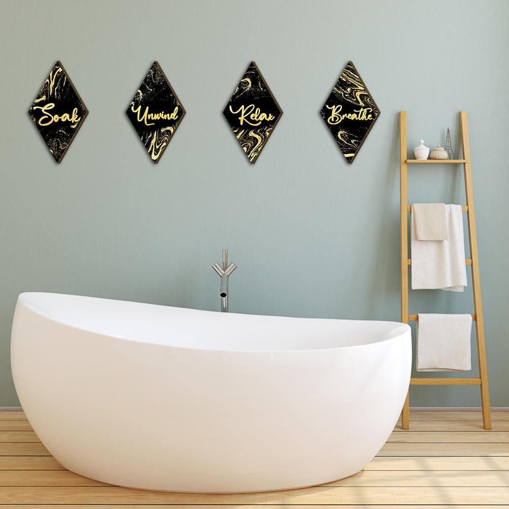 4 piezas de decoración de pared de baño, letreros de madera con forma de diamante, remojar, relajarse, respirar, estilo mármol, decoración artística
