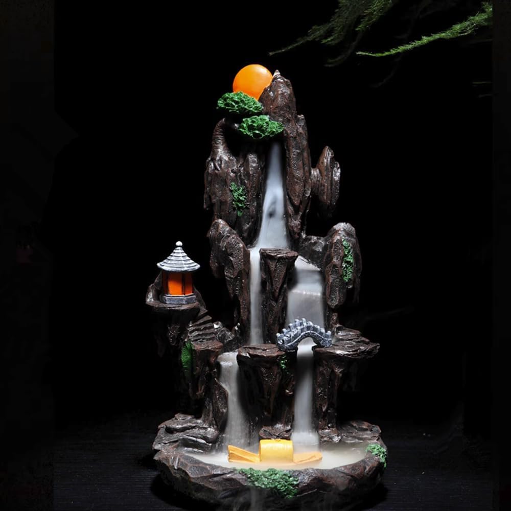 TANZEQI Quemador de incienso de cascada Feng Shui, soporte de incienso de reflujo zen y cascada, con 130 conos de incienso de reflujo, adorno de