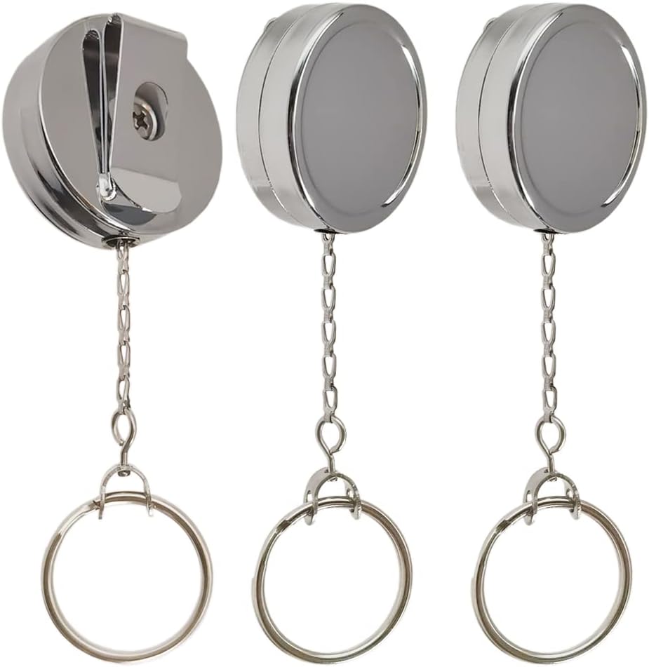 Paquete de 3 llaveros retráctiles con cadena de metal resistente para cordones para tarjetas de identificación y tarjetero con clip retráctil para