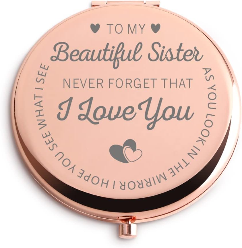 Gifts for Sisters from Sisters Travel Compact Vanity Mirror Rose Gold Cute for Purse Travel Folding Hand Mirror for Graduation Birthday Christmas