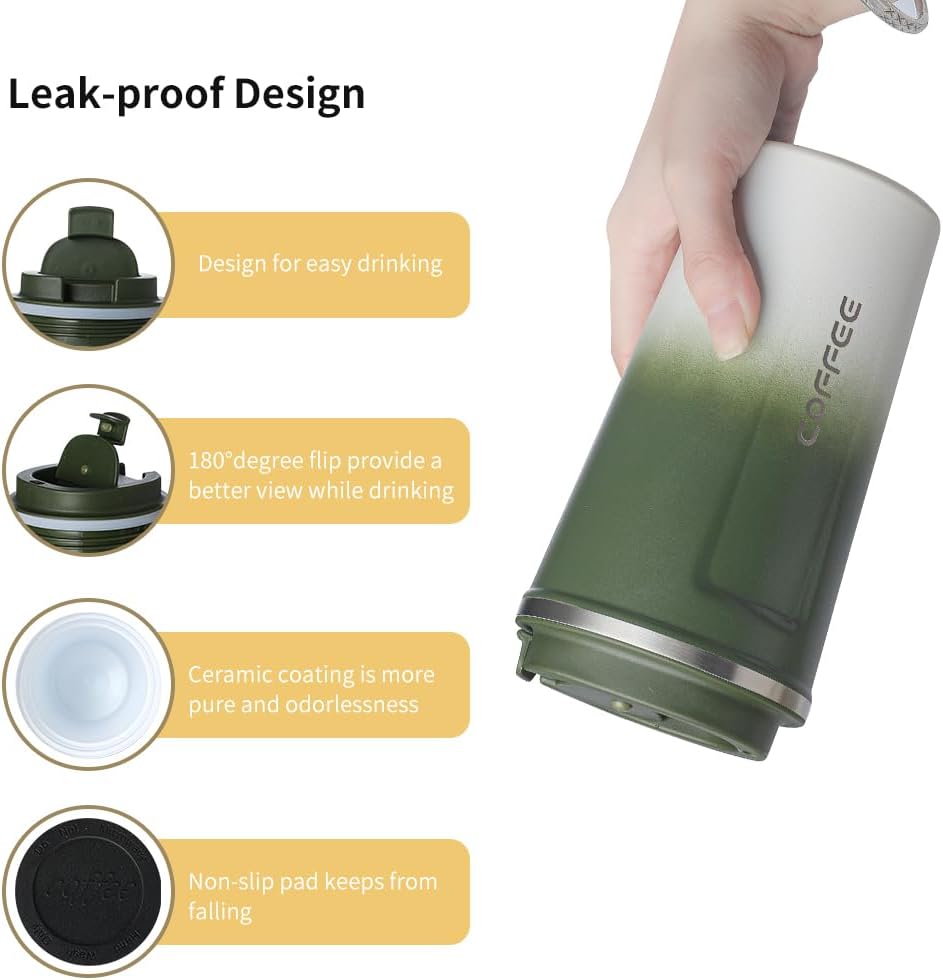 Avovy Taza de viaje de café con revestimiento de cerámica de 17 onzas, vaso aislado al vacío para automóvil con tapa a prueba de fugas, verde