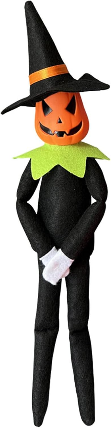 Muñeca de peluche de elfo de calabaza de Halloween de 14 pulgadas, juguete de elfo de calabaza hecho a mano con sombrero negro, guantes blancos,