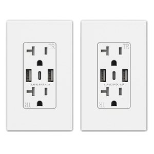 ELEGRP Tomacorrientes de pared USB, 3 puertos USB C, tomacorrientes de pared blanco mate de 20 amperios con puertos USB, salidas USB TR resistentes ELEGRP Tomacorrientes de pared USB, 3 puertos USB C, tomacorrientes de pared blanco mate de 20 amperios con puertos USB, salidas USB TR resistentes