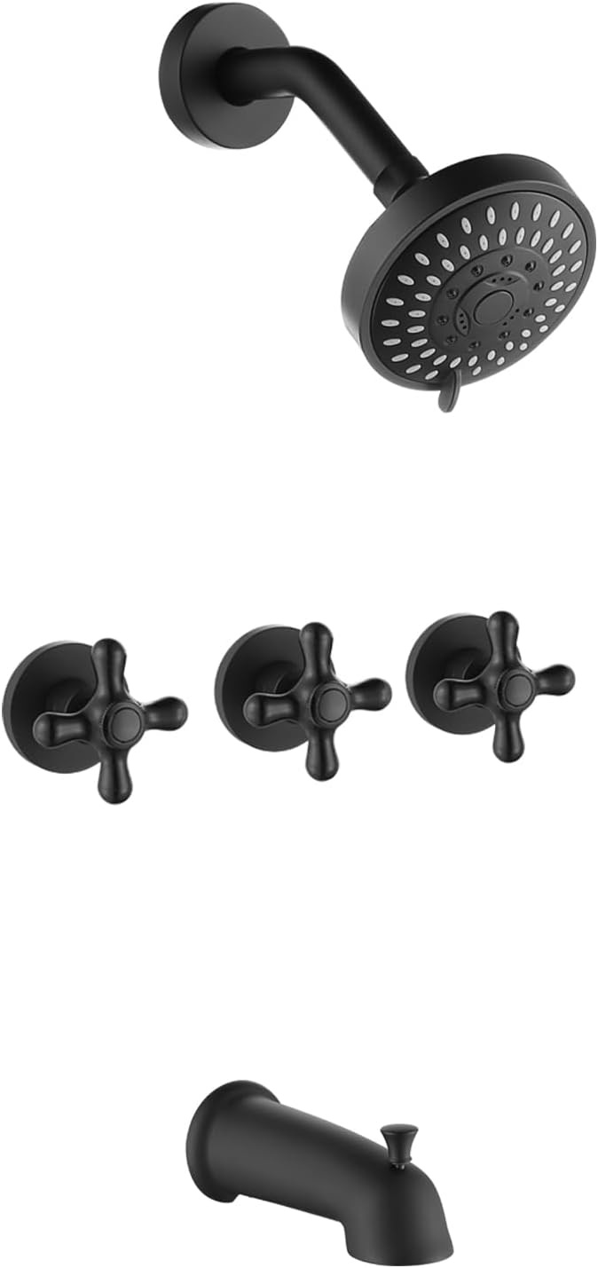BEIYI BY3H003 – Juego de grifo de ducha de 3 manijas con boquilla de bañera, color negro mate para bañera y ducha, grifos de ducha completos, BY3H003