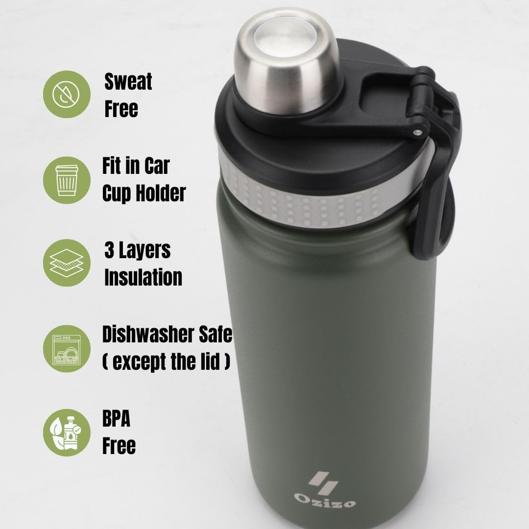 Ozizo Botella de agua deportiva con tapa abatible, botella de agua de acero inoxidable aislada de 22 onzas con tapa de boquilla, botella de agua,