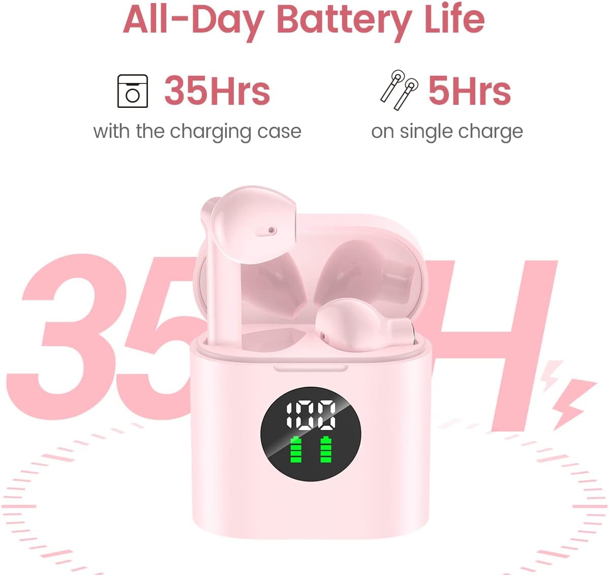 Auriculares inalámbricos con Bluetooth 5.3 con sonido estéreo de 35 horas de reproducción, estuche de carga inalámbrica y pantalla de alimentación,